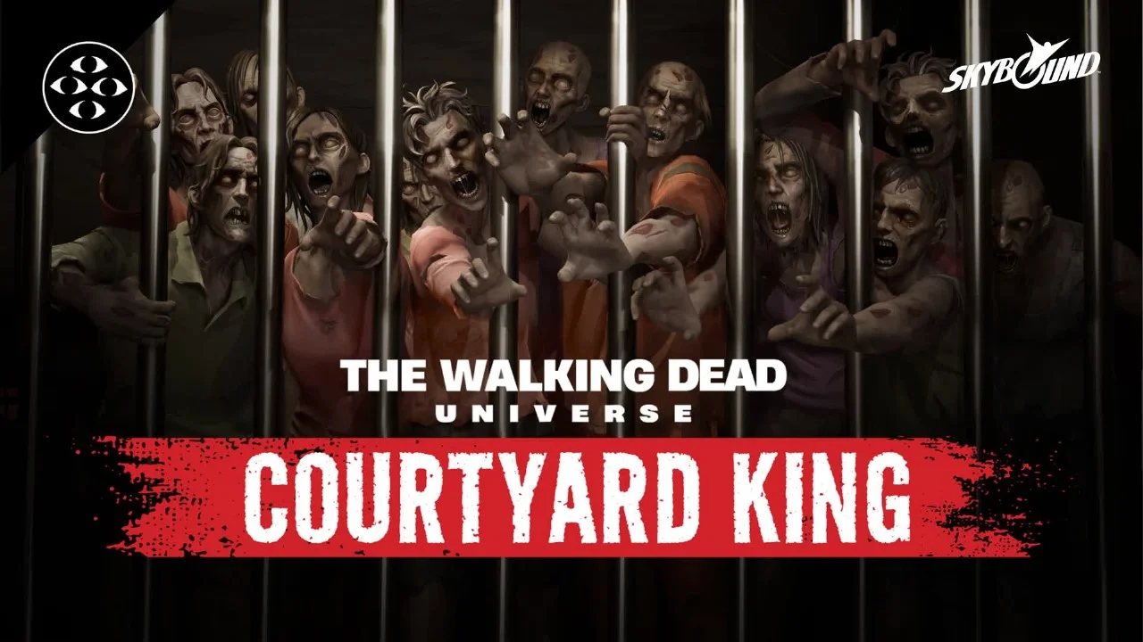 Illustration of a horde of zombies pressing against steel bars and reaching out, with the text ‘The Walking Dead Universe: Courtyard King’ and the Skybound logo