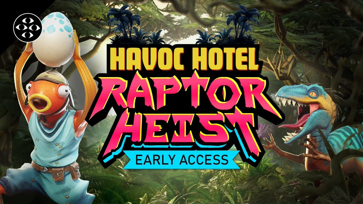 Promotional image for the video game "Havoc Hotel Raptor Heist", showing a fish character holding an egg and a raptor in a jungle.