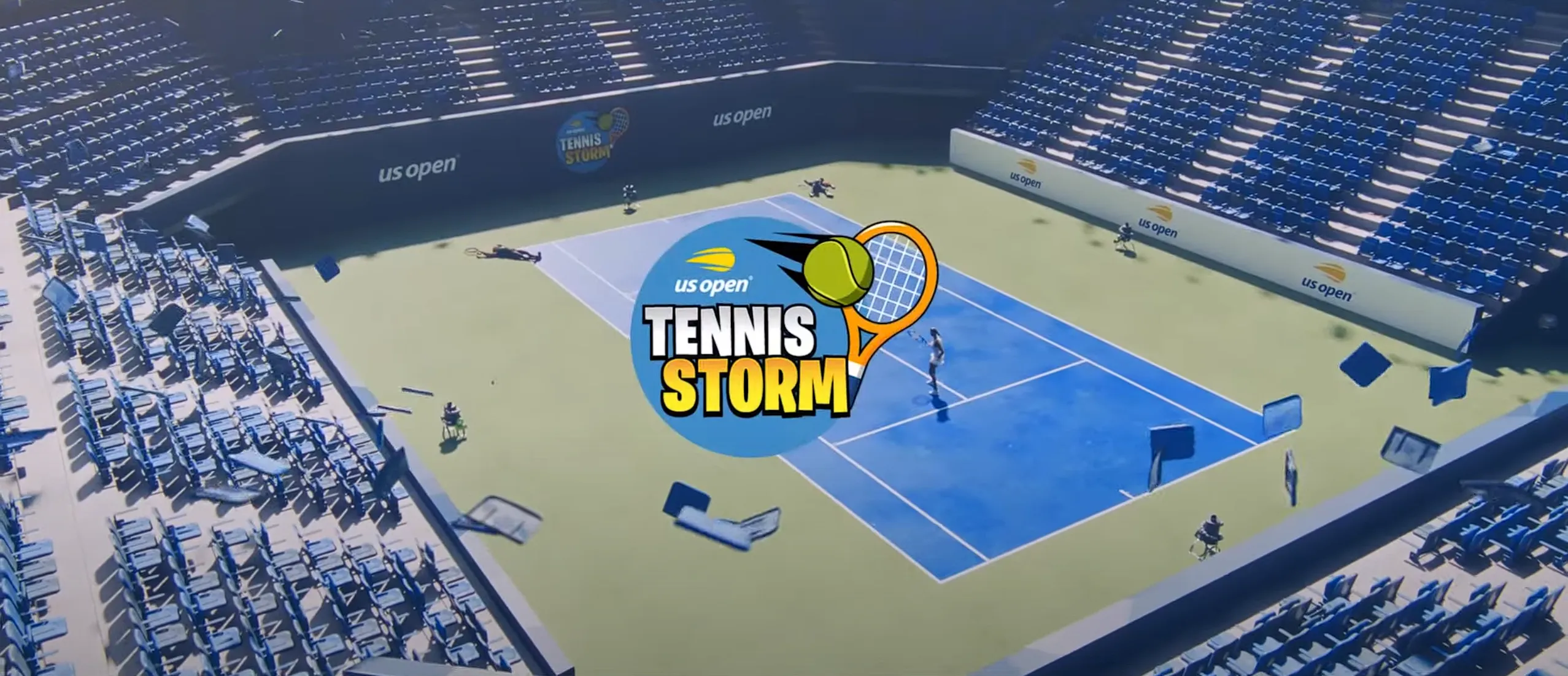 A tennis field with Tennis Storm title in the front
